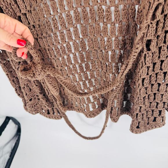 Y2K Express Brown Crochet Open Knit Cardigan Belted Boho Sweater Size L - Picture 4 of 8